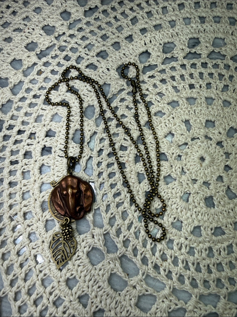 Antique Bronze Elephant Pendant 26” Necklace - Brown & Gold